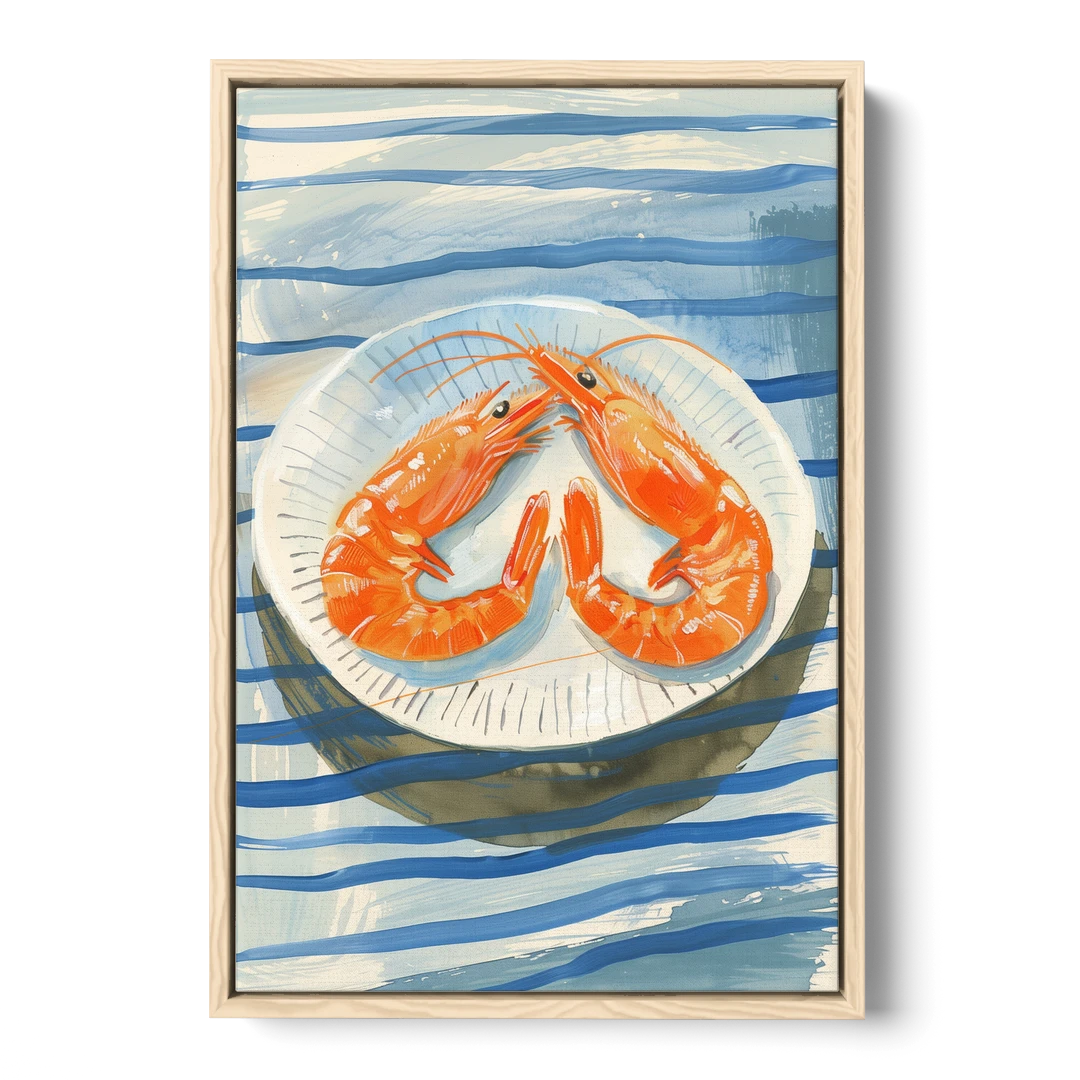 Shrimp Painting on a Blue Striped Cloth - Oak Framed Canvas Wall Art - Front