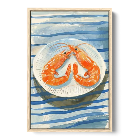 Shrimp Painting on a Blue Striped Cloth - Oak Framed Canvas Wall Art - Front