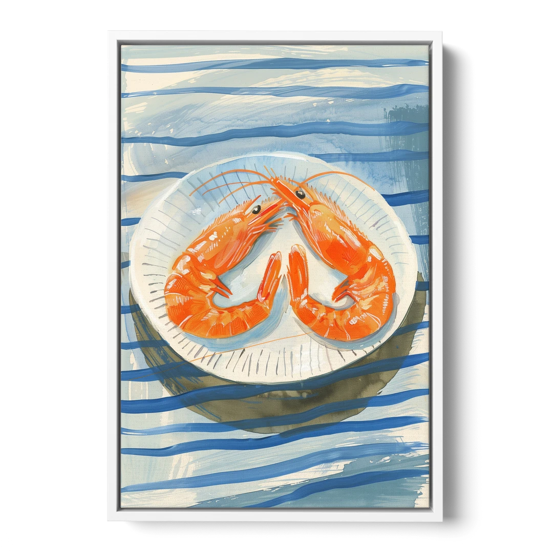 Shrimp Painting on a Blue Striped Cloth - White Framed Canvas Wall Art - Front