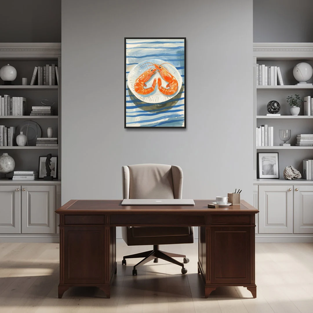 Shrimp Painting on a Blue Striped Cloth - Black Framed Canvas Wall Art - Office - 24x36