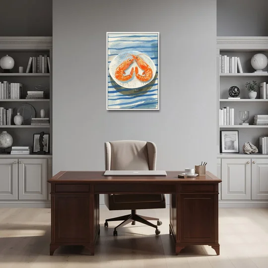 Shrimp Painting on a Blue Striped Cloth - White Framed Canvas Wall Art - Office - 24x36