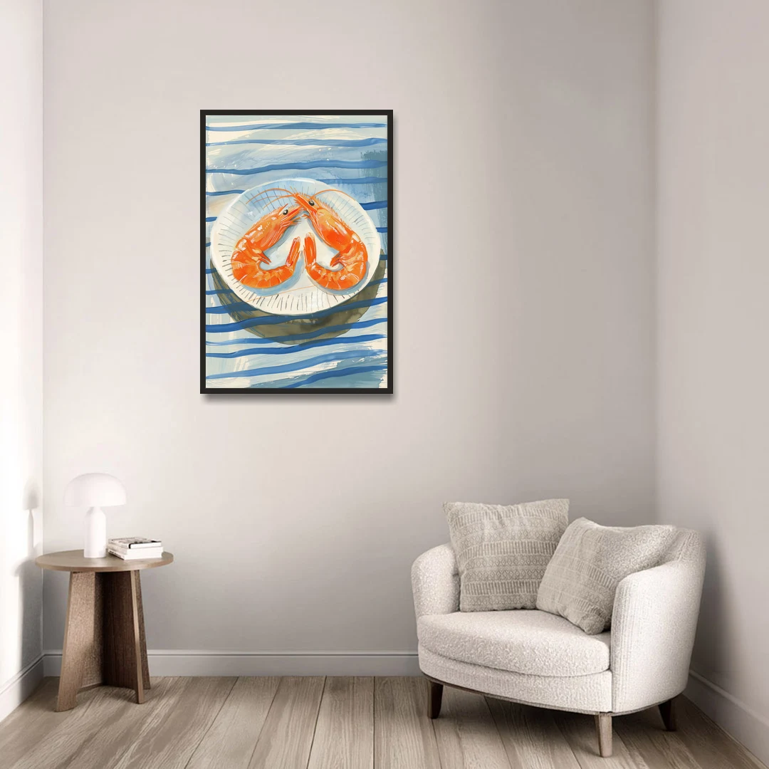 Shrimp Painting on a Blue Striped Cloth - Black Framed Canvas Wall Art - Sofa - 24x36