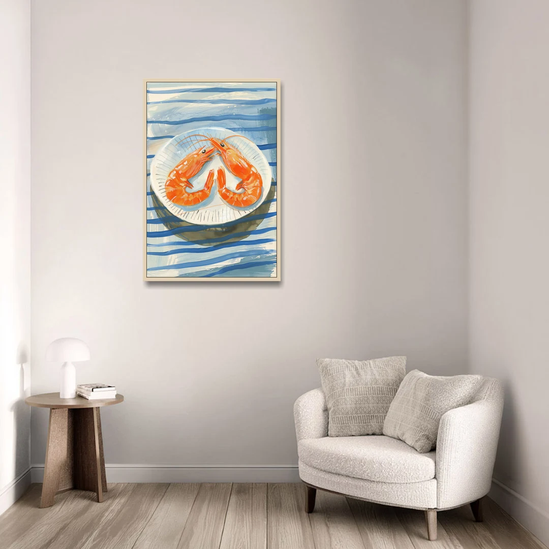 Shrimp Painting on a Blue Striped Cloth - Oak Framed Canvas Wall Art - Sofa - 24x36