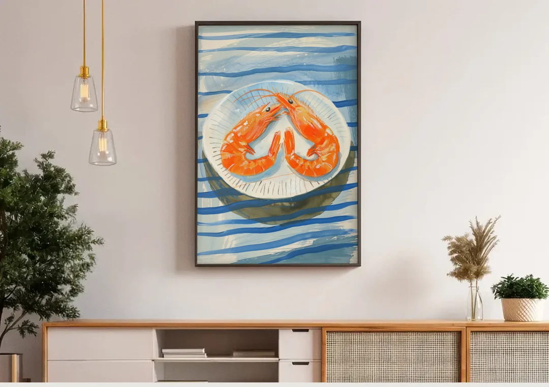 Shrimp Painting on a Blue Striped Cloth canvas wall art above a wooden sideboard under pendant lights