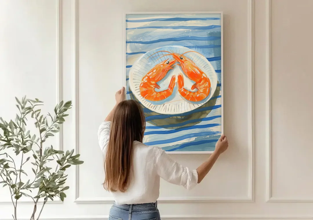 Shrimp Painting on a Blue Striped Cloth canvas wall art being hung on a paneled wall