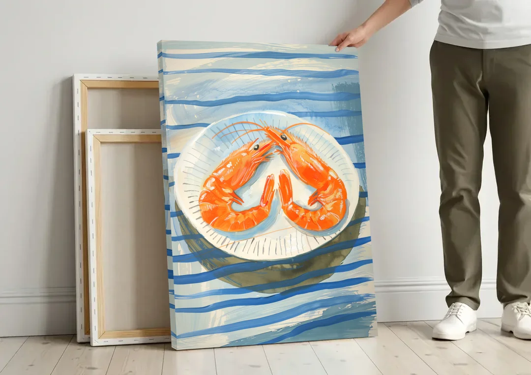 Shrimp Painting on a Blue Striped Cloth canvas wall art leaning against a wall next to blank canvases
