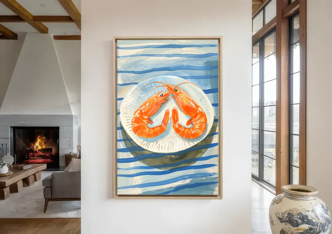 Shrimp Painting on a Blue Striped Cloth canvas wall art in a living room with a fireplace