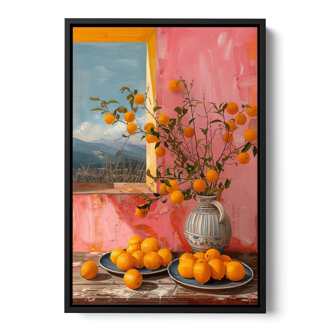 Sicilian Oranges Still Life with a Jug - Black Framed Canvas Wall Art - Front