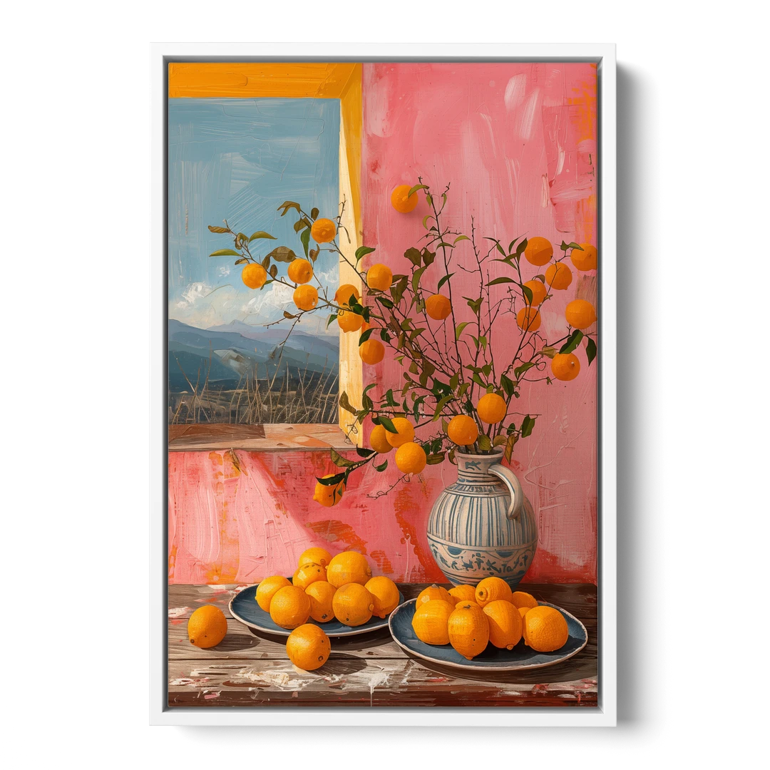 Sicilian Oranges Still Life with a Jug - White Framed Canvas Wall Art - Front