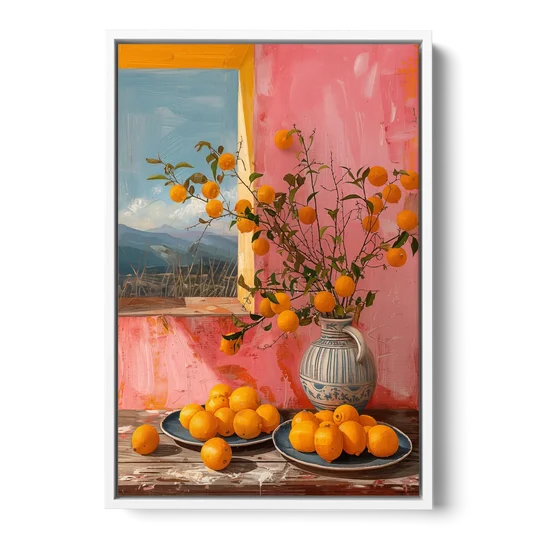 Sicilian Oranges Still Life with a Jug - White Framed Canvas Wall Art - Front