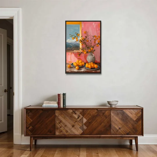 Sicilian Oranges Still Life with a Jug - Black Framed Canvas Wall Art - Coffee Table - 24x36
