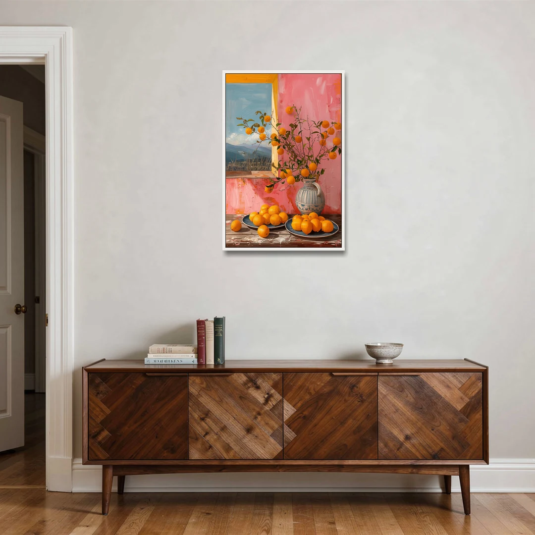 Sicilian Oranges Still Life with a Jug - White Framed Canvas Wall Art - Coffee Table - 24x36