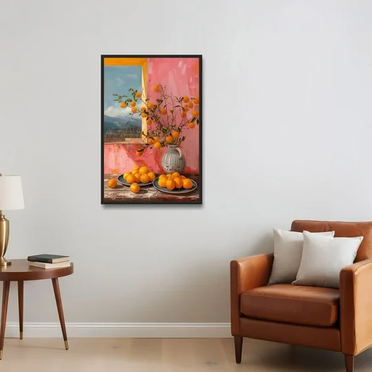 Sicilian Oranges Still Life with a Jug - Black Framed Canvas Wall Art - Sofa - 24x36
