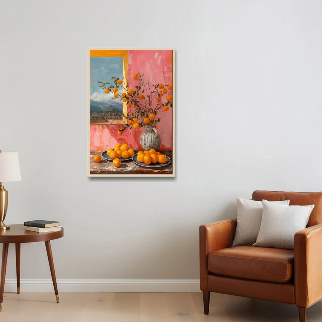 Sicilian Oranges Still Life with a Jug - Oak Framed Canvas Wall Art - Sofa - 24x36