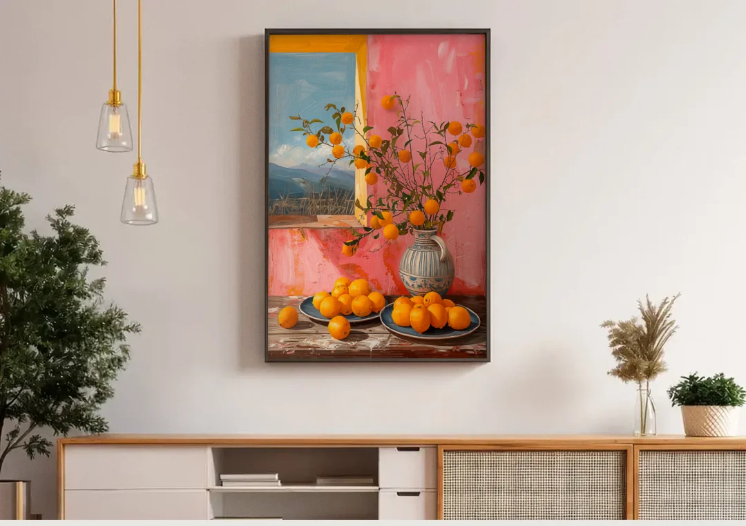 Sicilian Oranges Still Life with a Jug canvas wall art above a wooden sideboard under pendant lights