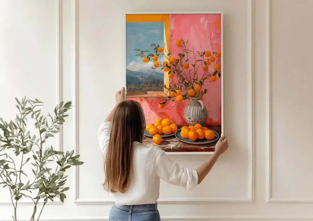 Sicilian Oranges Still Life with a Jug canvas wall art being hung on a paneled wall