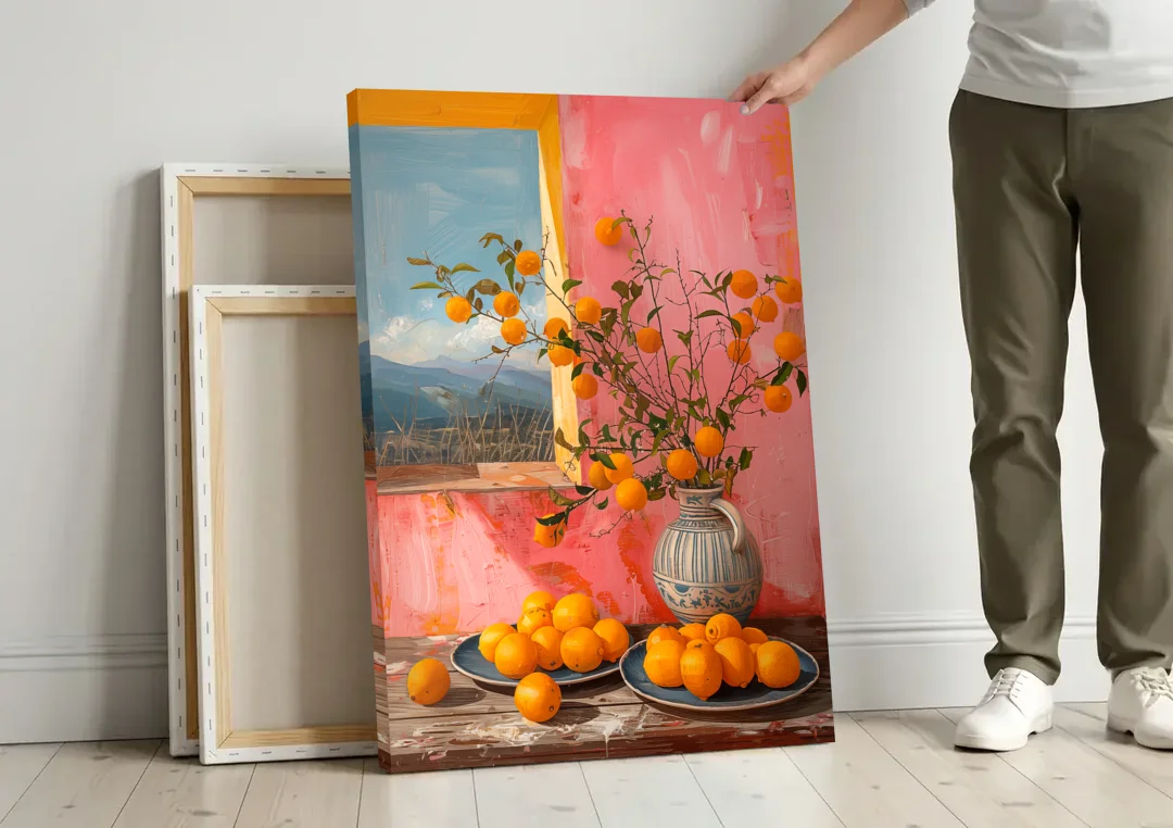 Sicilian Oranges Still Life with a Jug canvas wall art leaning against a wall next to blank canvases