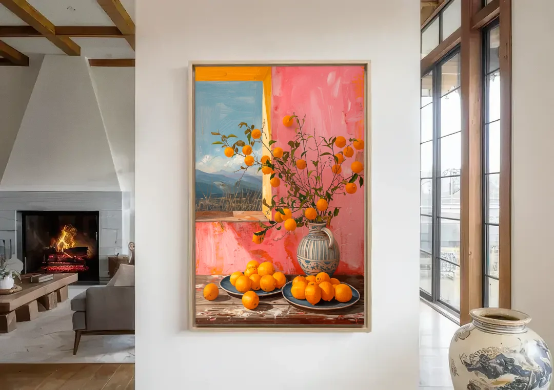 Sicilian Oranges Still Life with a Jug canvas wall art in a living room with a fireplace