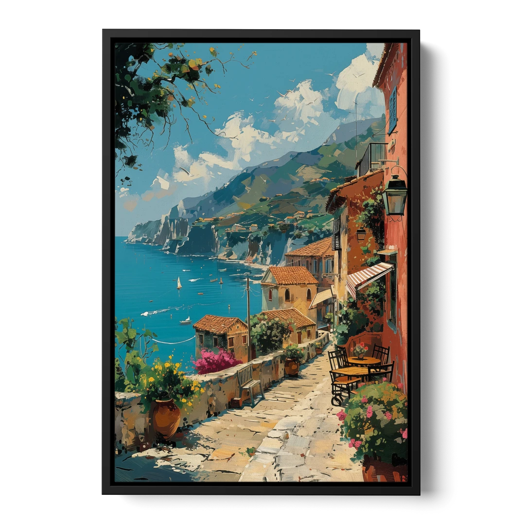 Sicily Painting of a Coastal Path - Black Framed Canvas Wall Art - Front