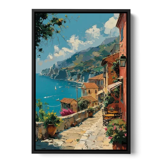 Sicily Painting of a Coastal Path - Black Framed Canvas Wall Art - Front