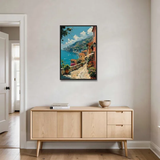 Sicily Painting of a Coastal Path - Black Framed Canvas Wall Art - Coffee Table - 24x36