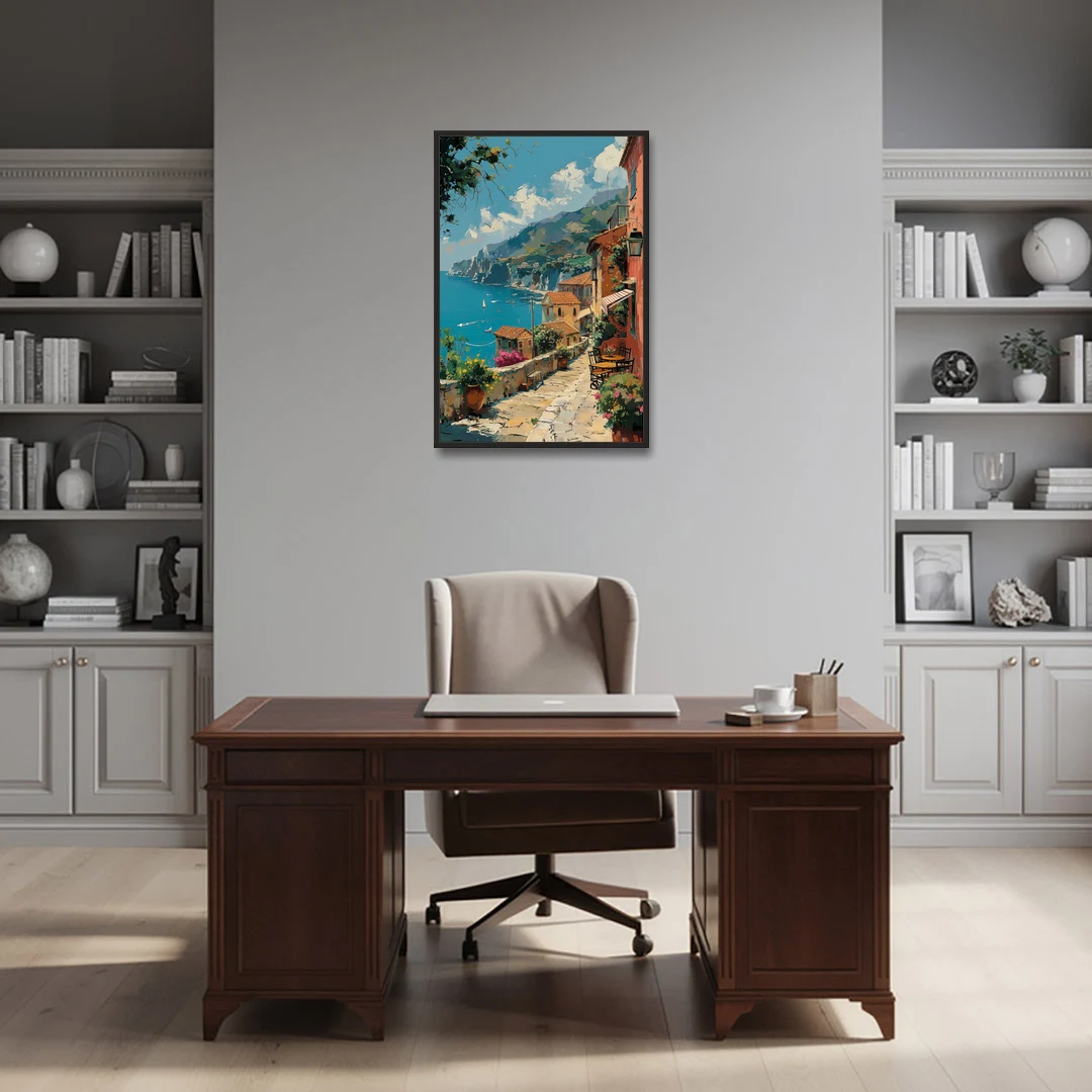 Sicily Painting of a Coastal Path - Black Framed Canvas Wall Art - Office - 24x36