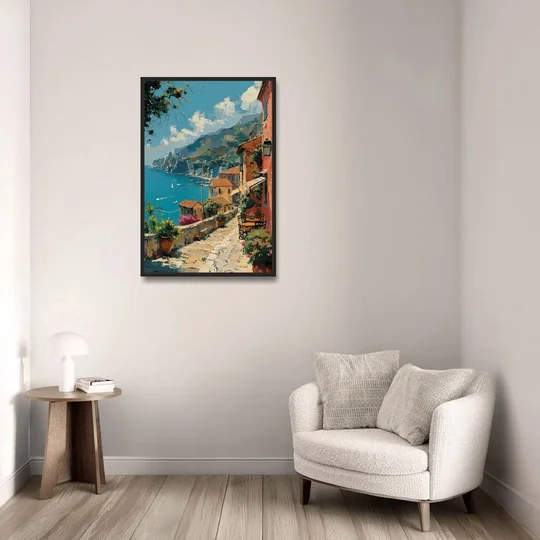 Sicily Painting of a Coastal Path - Black Framed Canvas Wall Art - Sofa - 24x36