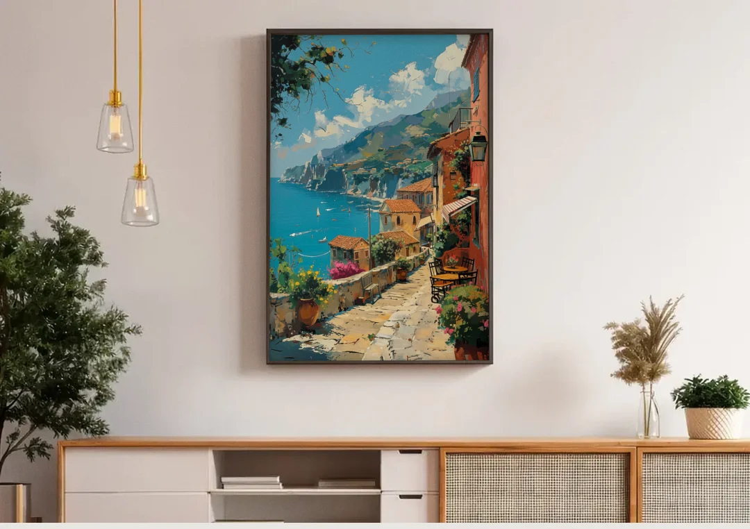 Sicily Painting of a Coastal Path canvas wall art above a wooden sideboard under pendant lights