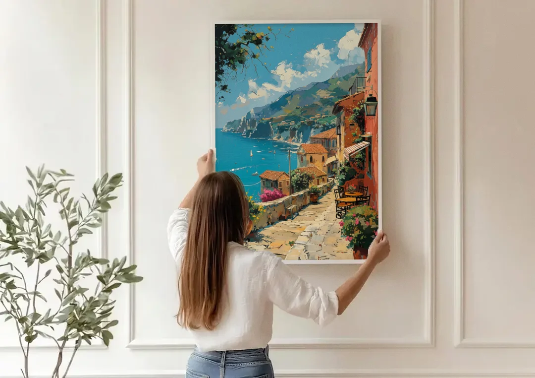 Sicily Painting of a Coastal Path canvas wall art being hung on a paneled wall