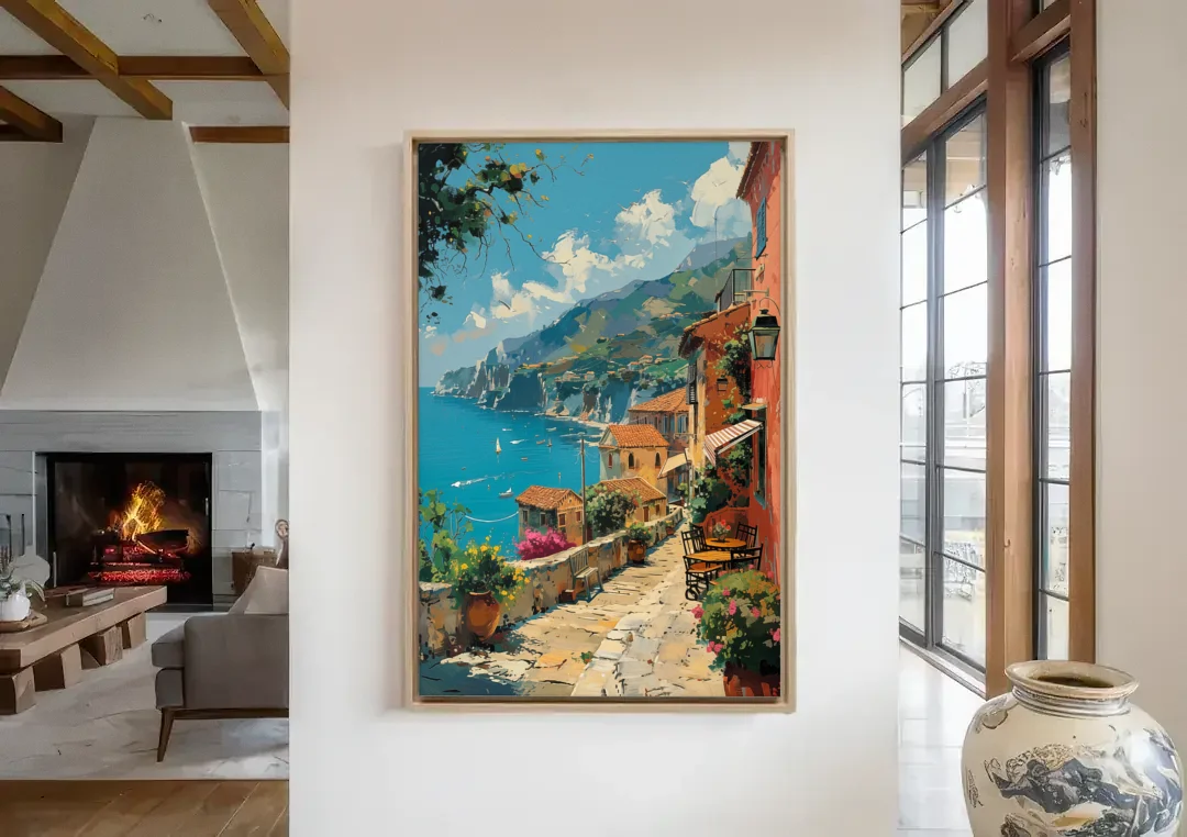Sicily Painting of a Coastal Path canvas wall art in a living room with a fireplace