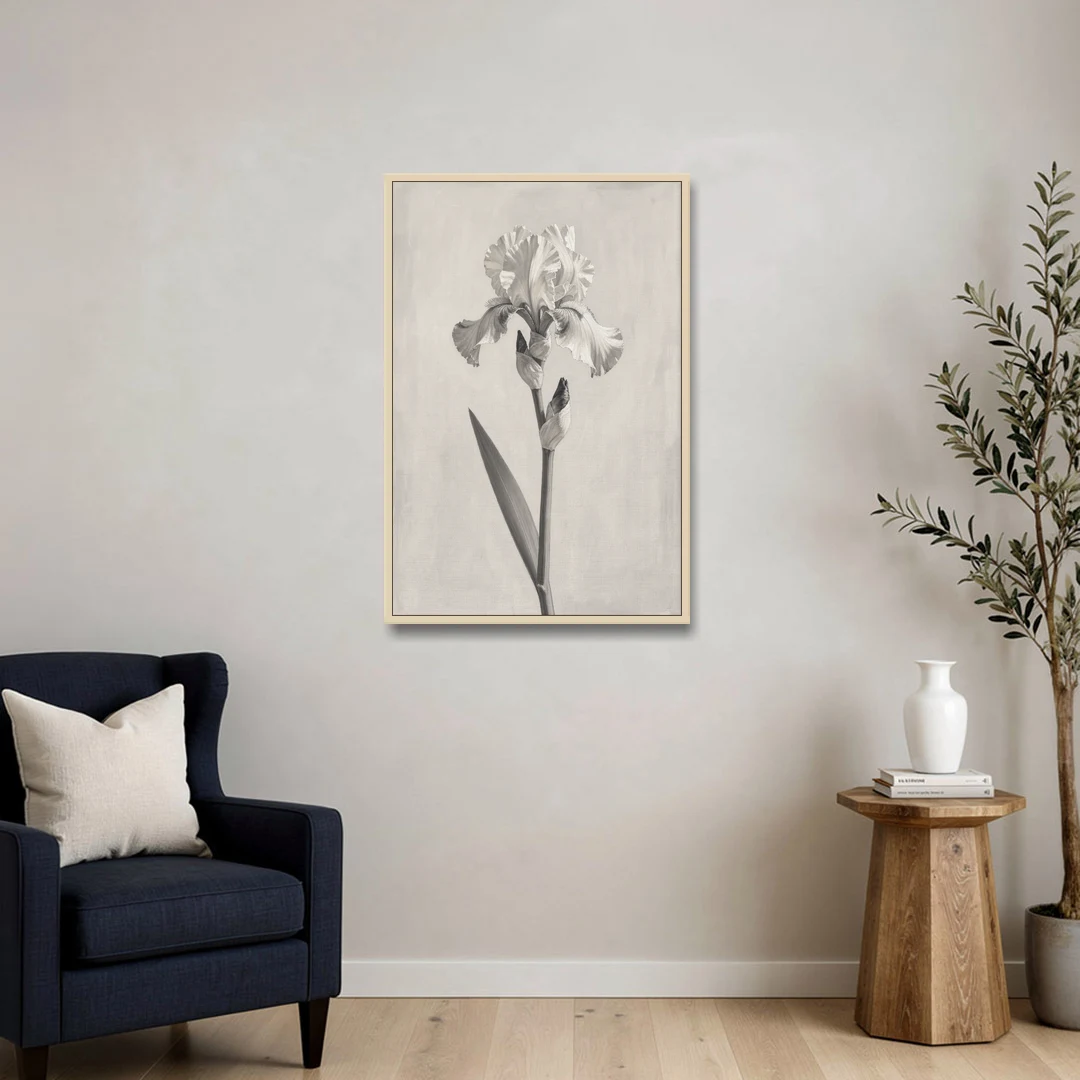 Single Flower Wall Art of a Bearded Iris - Oak Framed Canvas Wall Art - Sofa - 24x36
