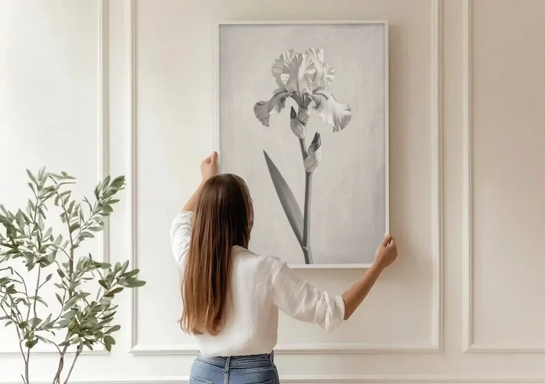 Single Flower Wall Art of a Bearded Iris canvas wall art being hung on a paneled wall
