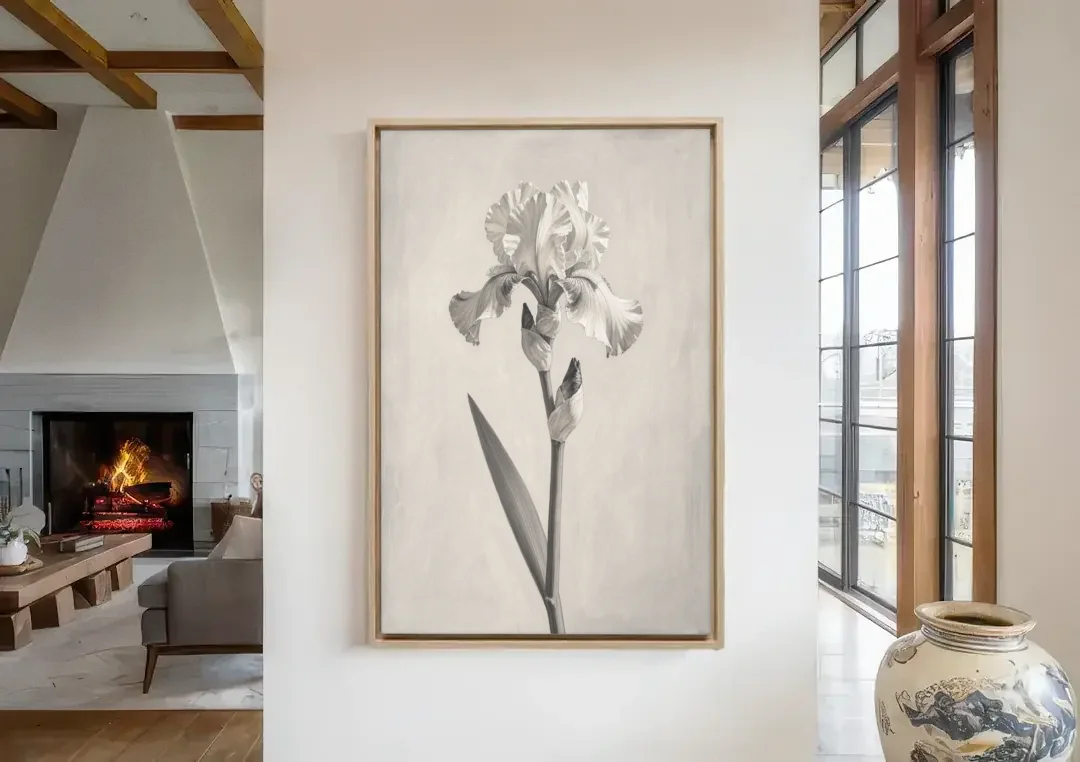 Single Flower Wall Art of a Bearded Iris canvas wall art in a living room with a fireplace
