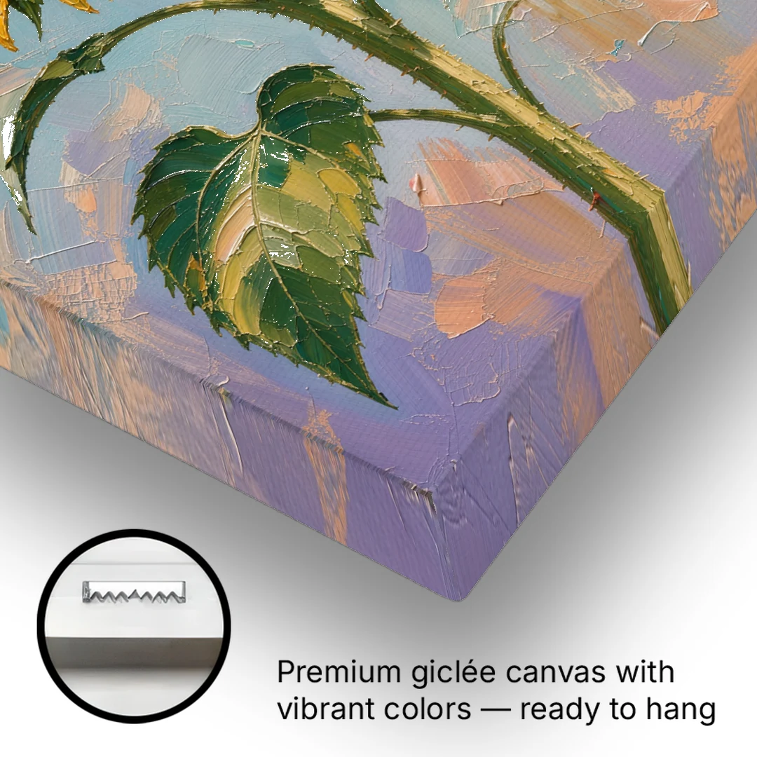 Single Sunflower Painting Against Violet Sky - Canvas Wall Art - Gallery Wrap Corner