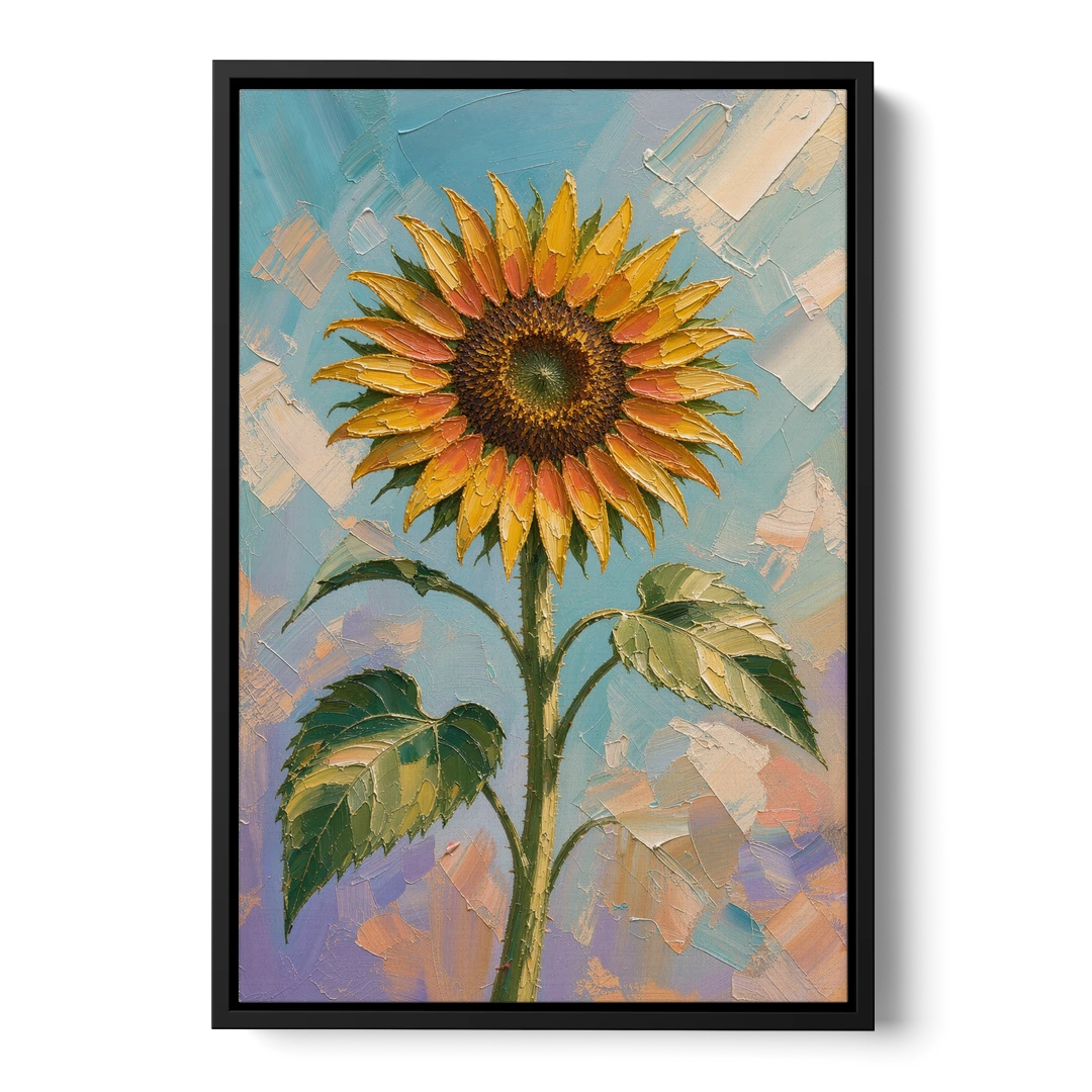 Single Sunflower Painting Against Violet Sky - Black Framed Canvas Wall Art - Front
