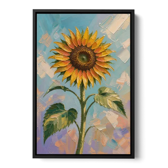Single Sunflower Painting Against Violet Sky - Black Framed Canvas Wall Art - Front