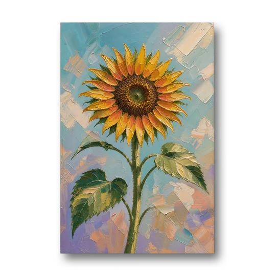 Single Sunflower Painting Against Violet Sky - Canvas Wall Art - Front