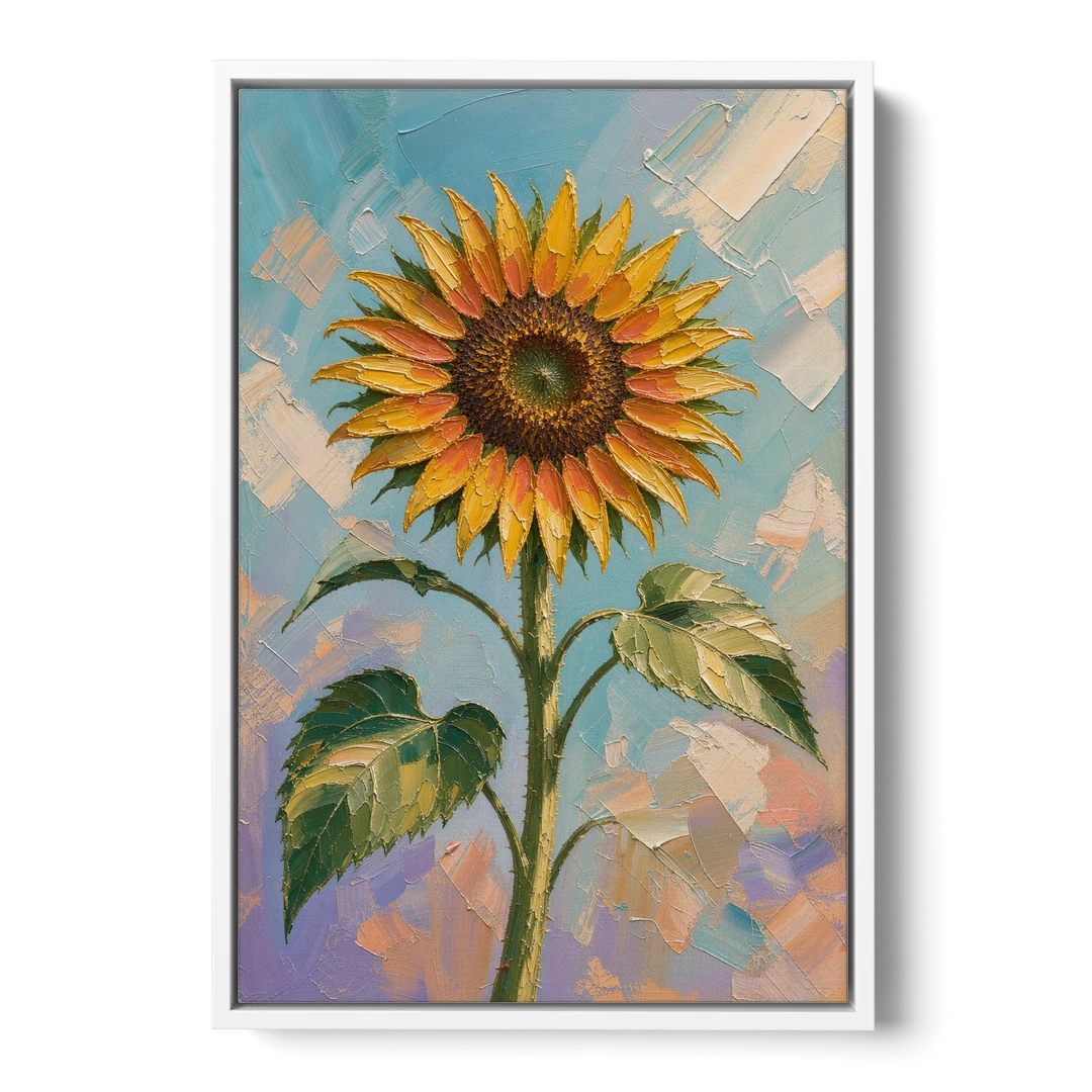 Single Sunflower Painting Against Violet Sky - White Framed Canvas Wall Art - Front