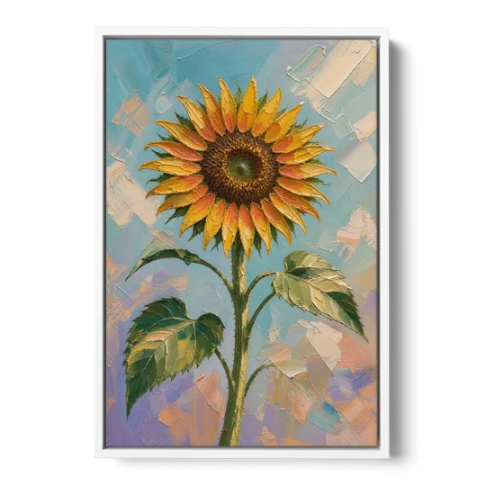 Single Sunflower Painting Against Violet Sky - White Framed Canvas Wall Art - Front
