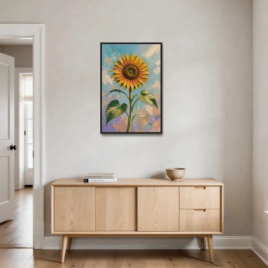 Single Sunflower Painting Against Violet Sky - Black Framed Canvas Wall Art - Coffee Table - 24x36