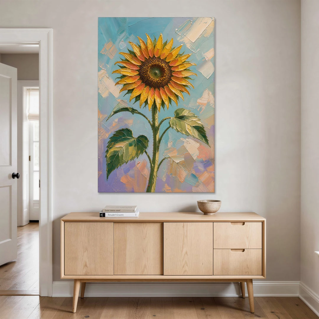 Single Sunflower Painting Against Violet Sky - Canvas Wall Art - Coffee Table - 40x60