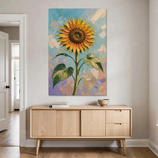 Single Sunflower Painting Against Violet Sky - Canvas Wall Art - Coffee Table - 40x60