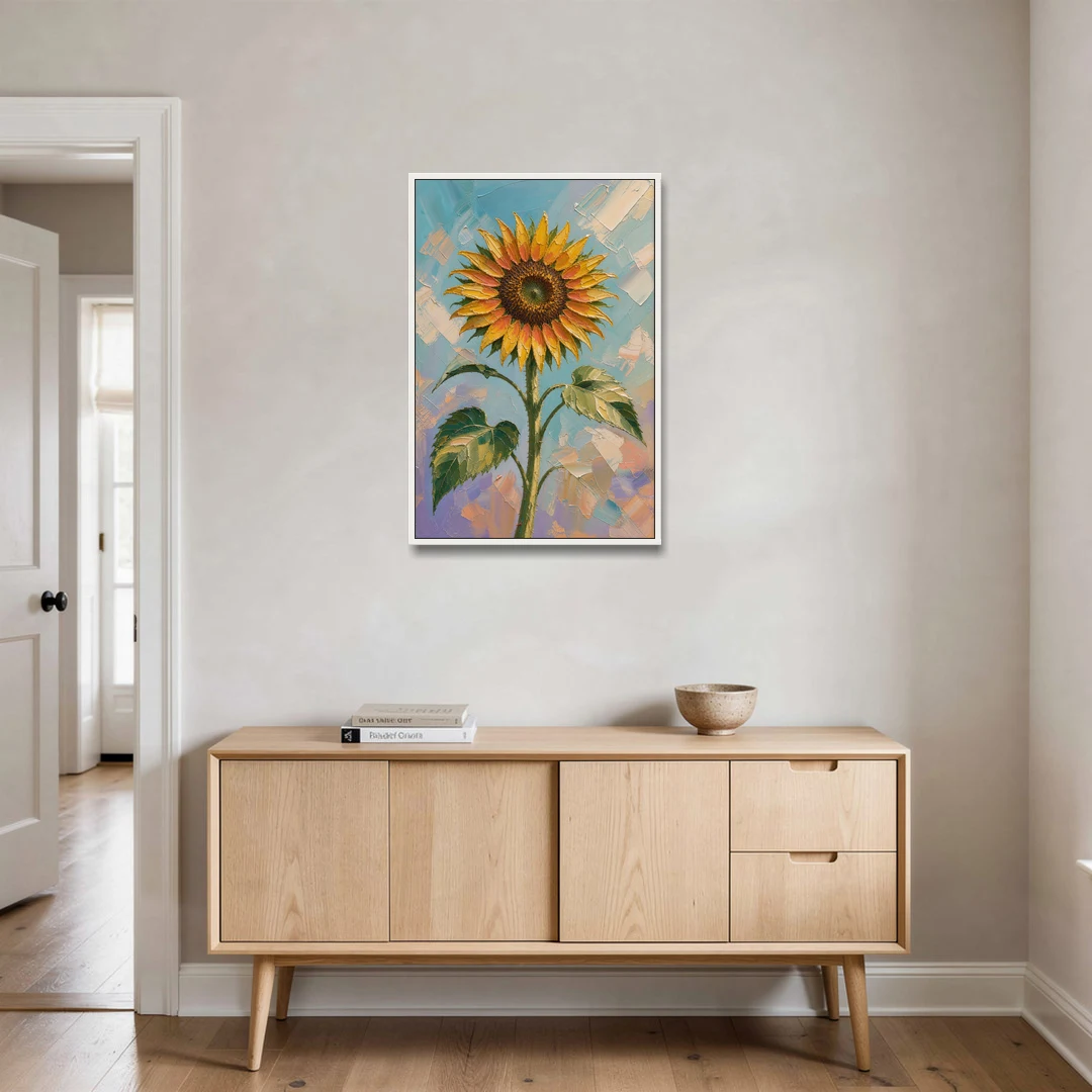 Single Sunflower Painting Against Violet Sky - White Framed Canvas Wall Art - Coffee Table - 24x36
