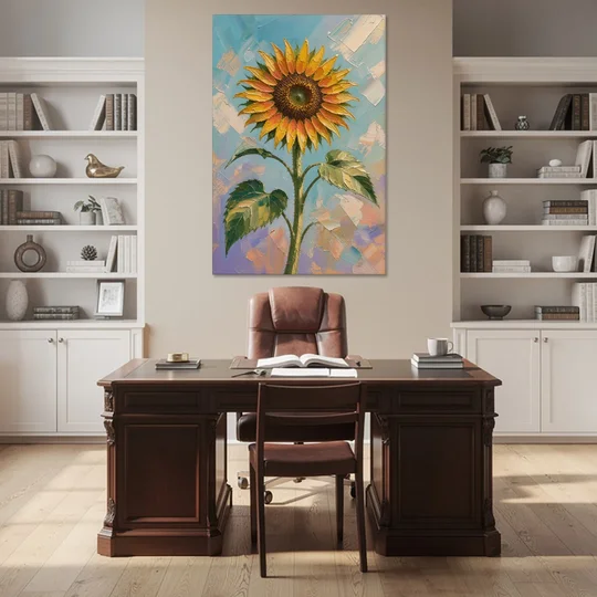 Single Sunflower Painting Against Violet Sky - Canvas Wall Art - Office - 40x60