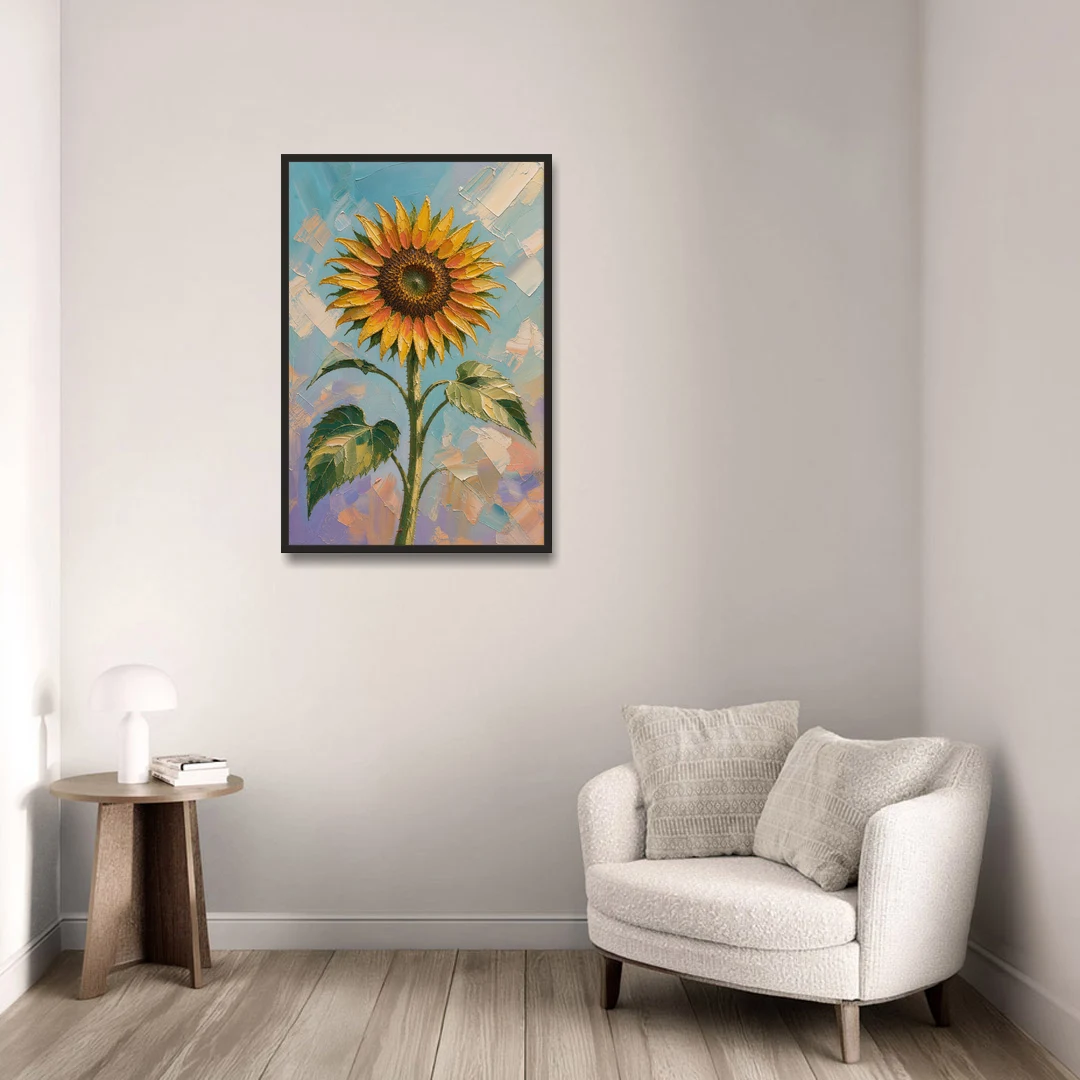 Single Sunflower Painting Against Violet Sky - Black Framed Canvas Wall Art - Sofa - 24x36