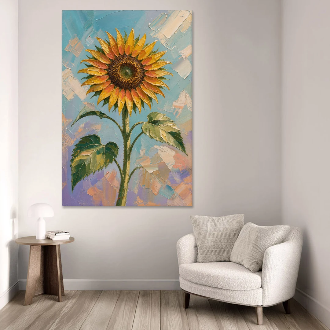 Single Sunflower Painting Against Violet Sky - Canvas Wall Art - Sofa - 40x60