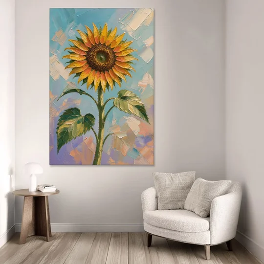 Single Sunflower Painting Against Violet Sky - Canvas Wall Art - Sofa - 40x60