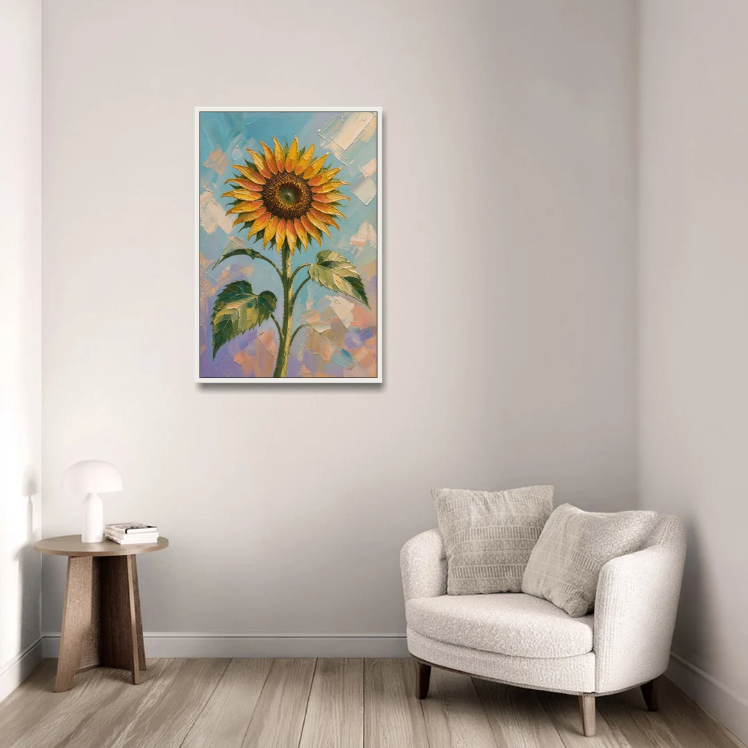 Single Sunflower Painting Against Violet Sky - White Framed Canvas Wall Art - Sofa - 24x36
