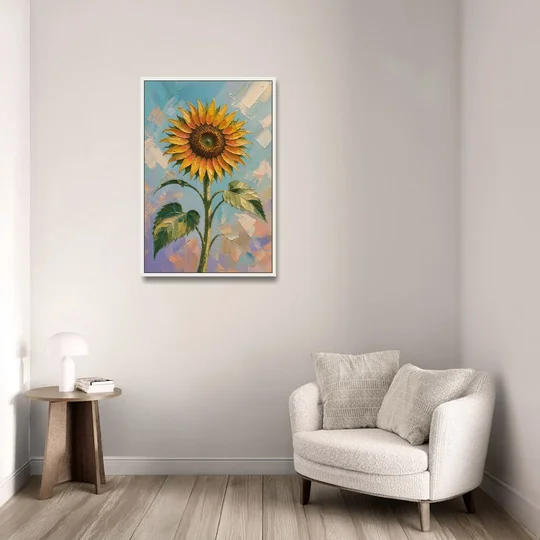 Single Sunflower Painting Against Violet Sky - White Framed Canvas Wall Art - Sofa - 24x36