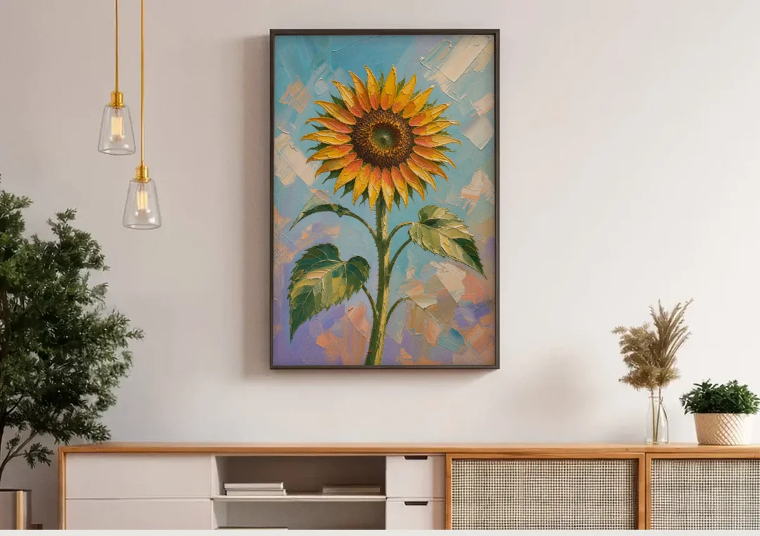 Single Sunflower Painting Against Violet Sky canvas wall art above a wooden sideboard under pendant lights